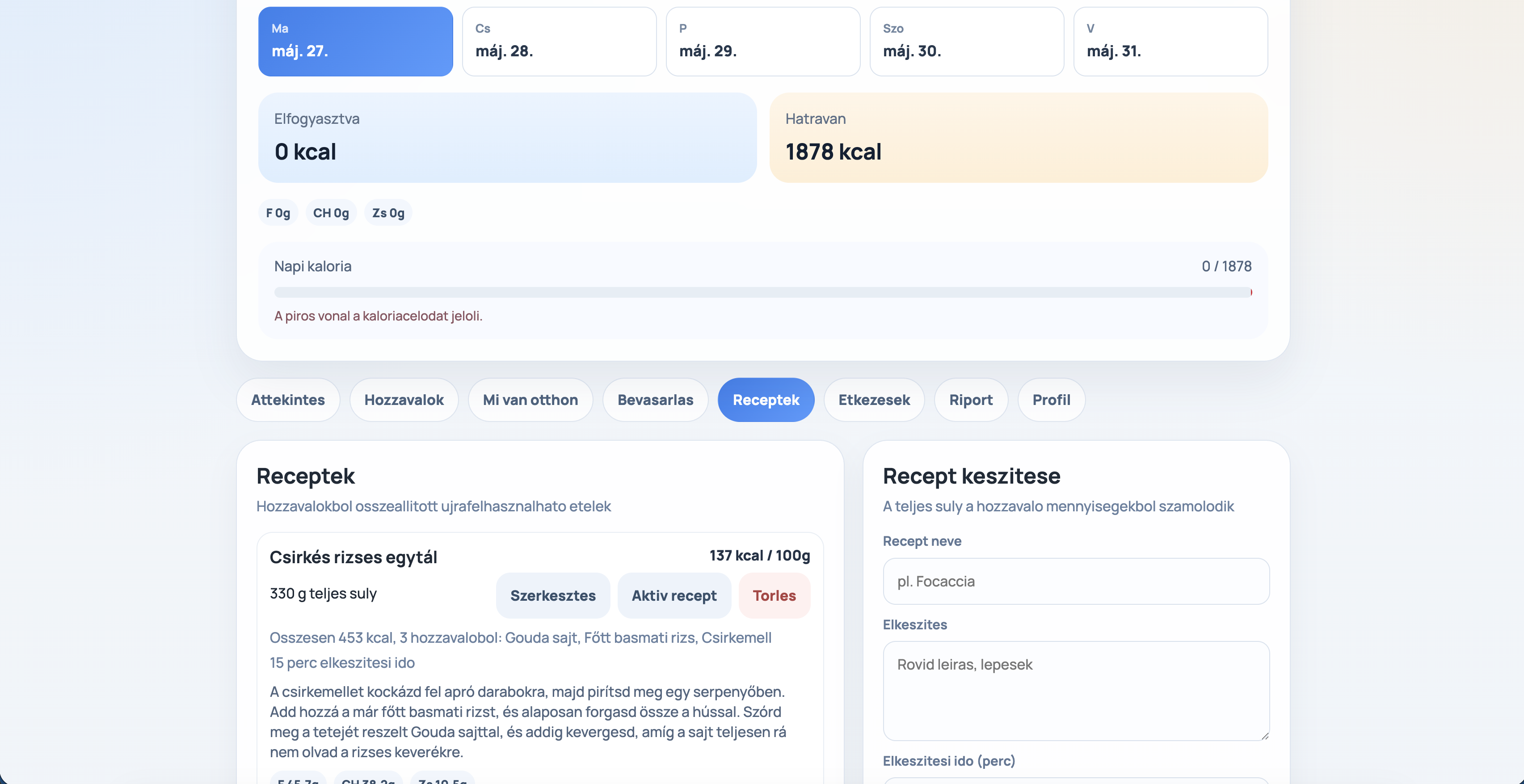 Calry dashboard and recipe workflow