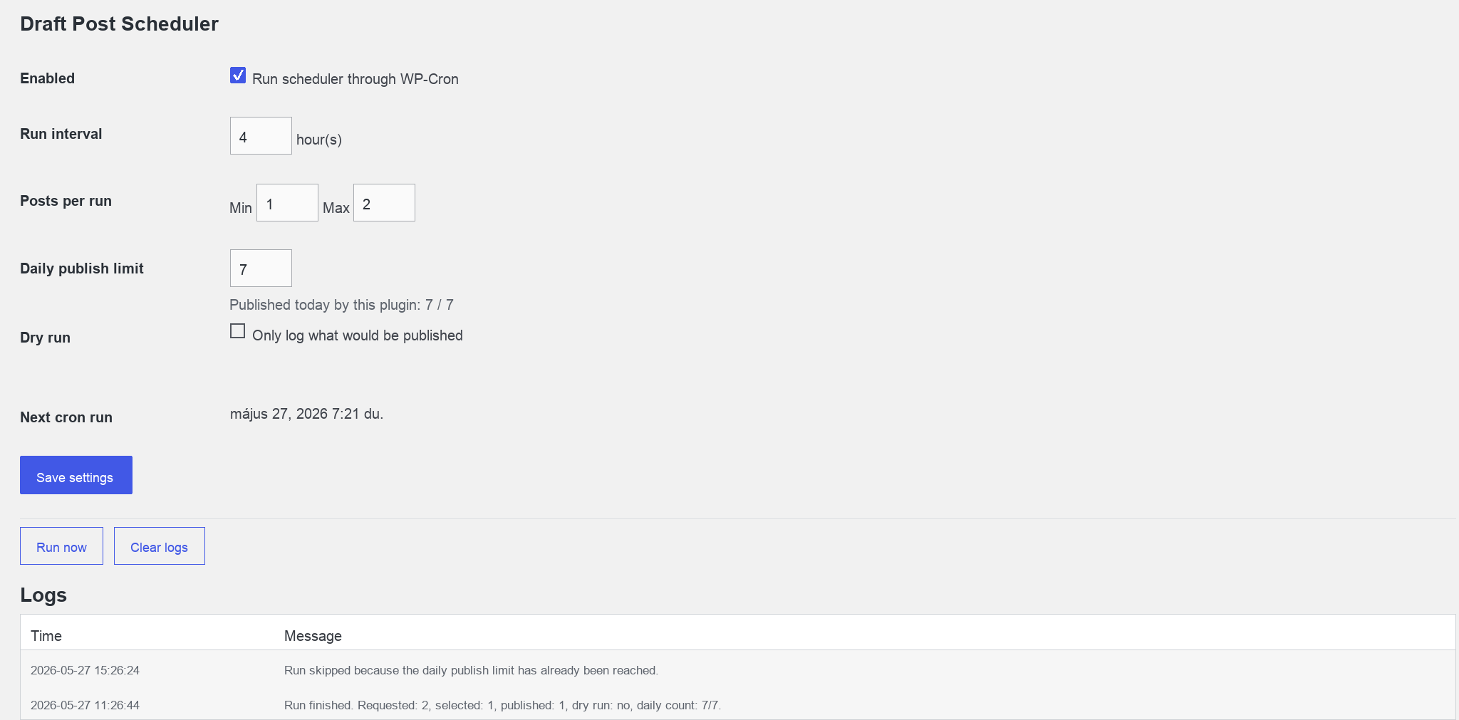 Draft Post Scheduler settings screen